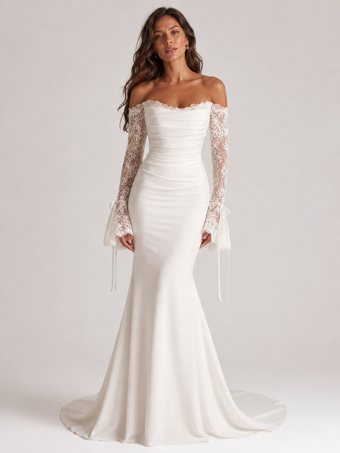 Elegant Off-the-Shoulder Draped Satin Mermaid Wedding Dress with Lace Bell Sleeves and Chapel Train