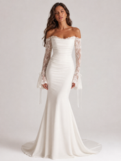 Elegant Off-the-Shoulder Draped Satin Mermaid Wedding Dress with Lace Bell Sleeves and Chapel Train