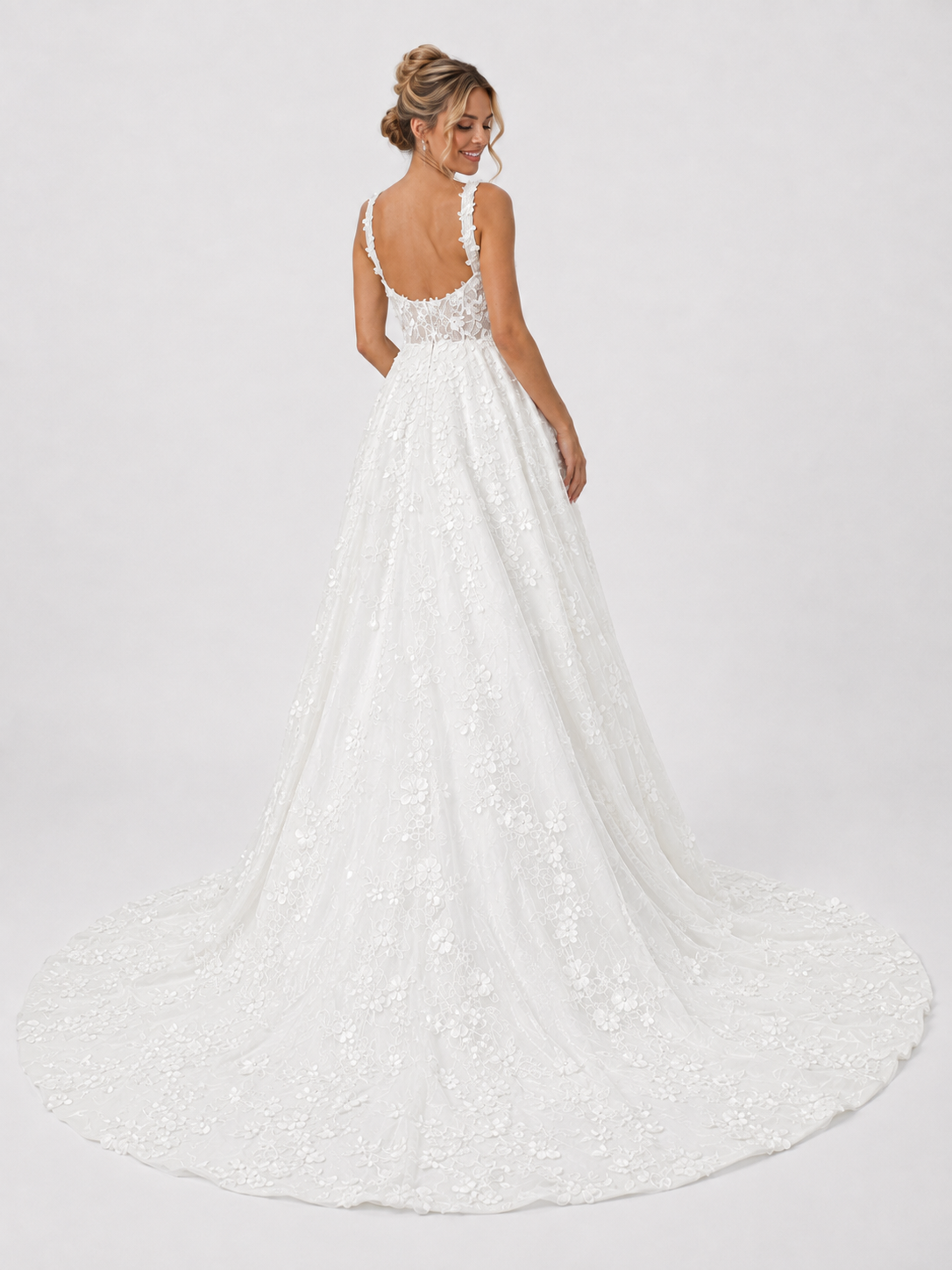 Elegant Square Neckline 3D Floral Applique Mermaid Wedding Dress with Detachable Overskirt and Chapel Train