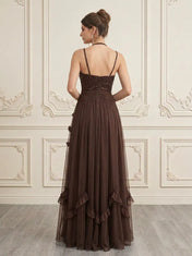 Dark Brown V-Neck Sequin Tulle Evening Dress with Slit