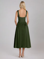 Olive Green A Line Satin Square Neck Sleeveless Tea Length Dress
