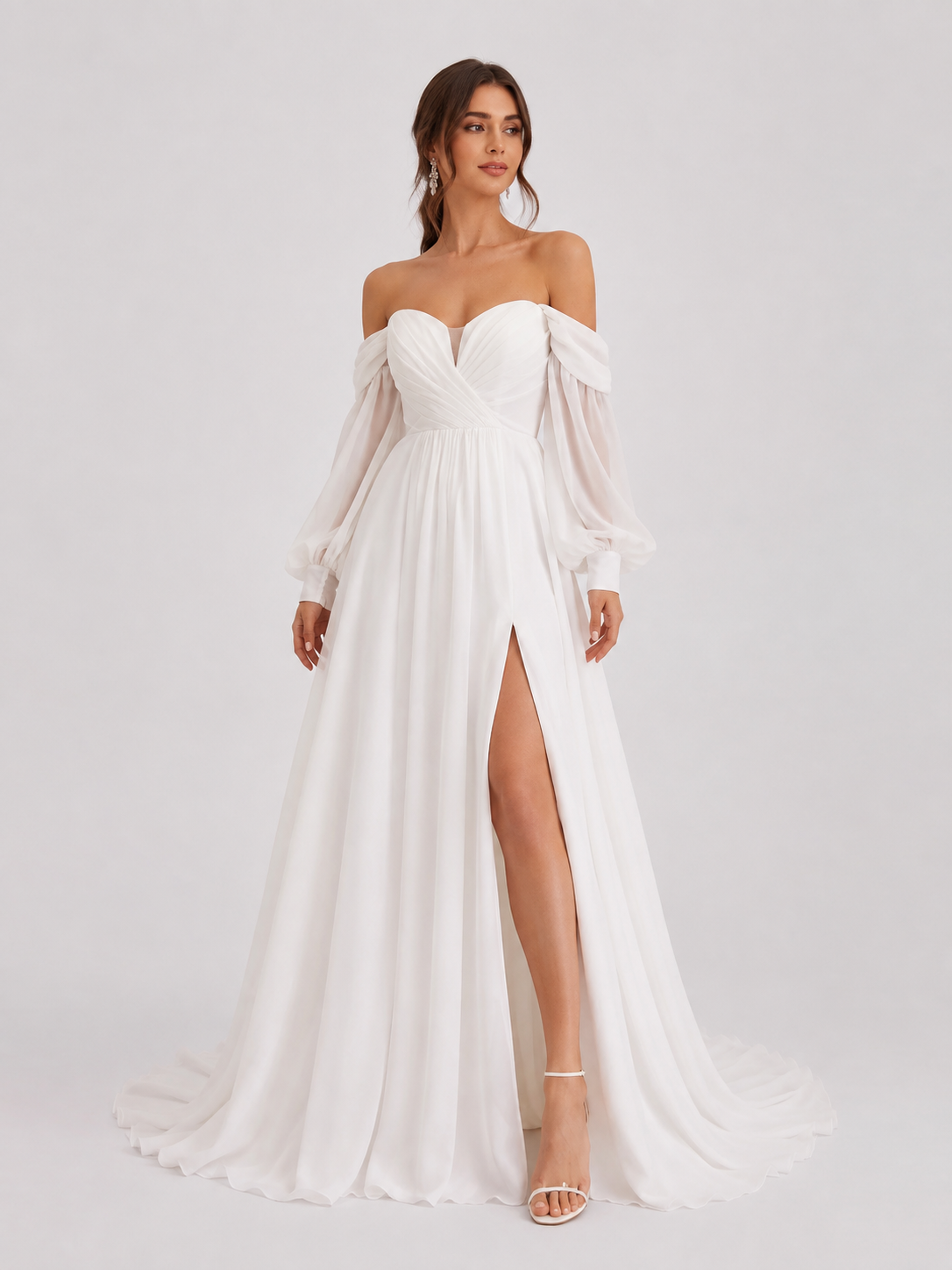 Elegant Off-the-Shoulder Long Sleeve Ruched Chiffon A-Line Wedding Dress with High Slit and Chapel Train