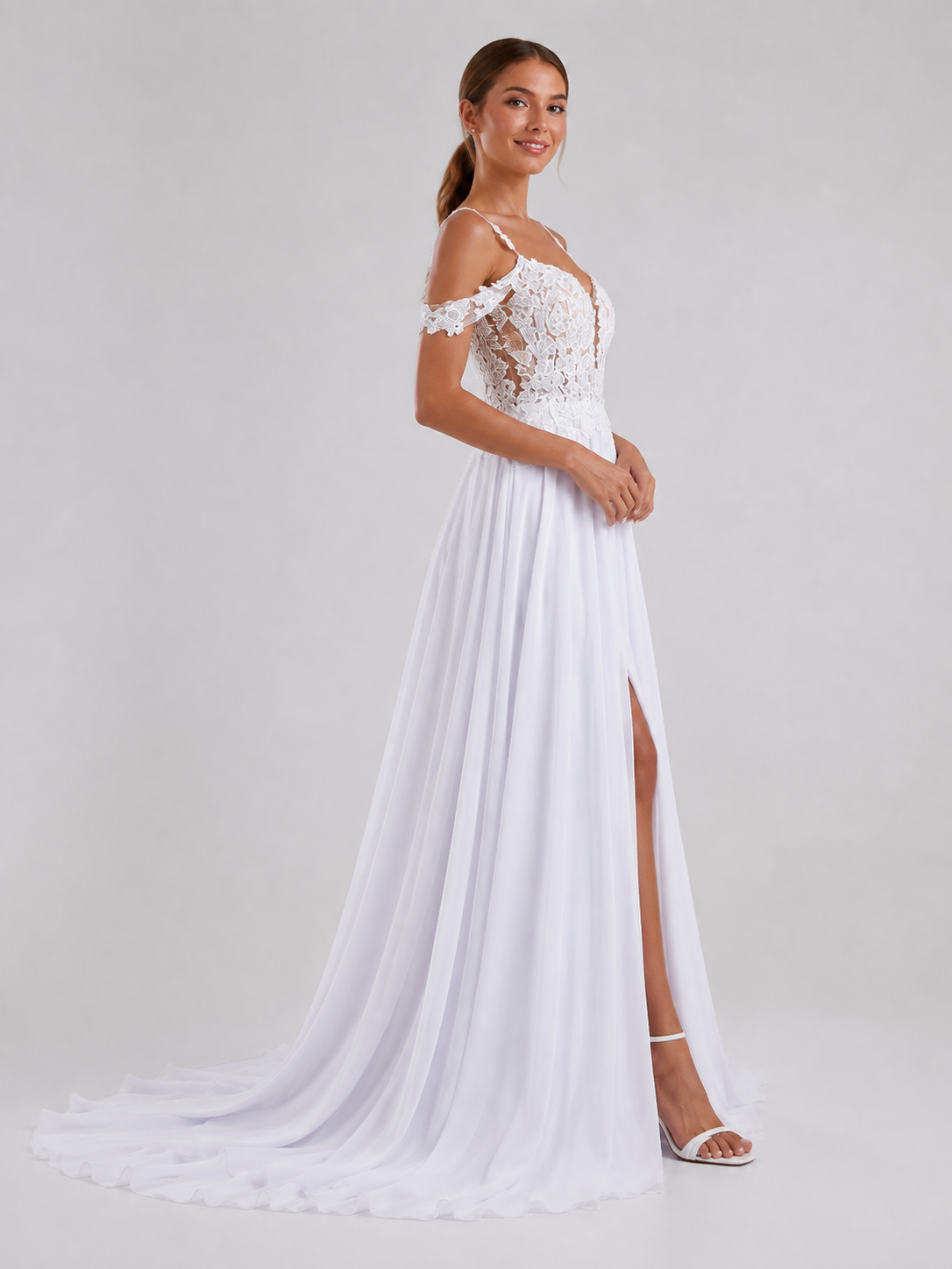 Elegant Off-the-Shoulder Lace Applique Chiffon A-Line Wedding Dress with High Slit and Chapel Train