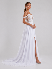 Elegant Off-the-Shoulder Lace Applique Chiffon A-Line Wedding Dress with High Slit and Chapel Train