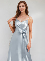 Ice Blue Satin A Line Spaghetti Straps Sleeveless Floor Length Bridesmaid Dress With Bow