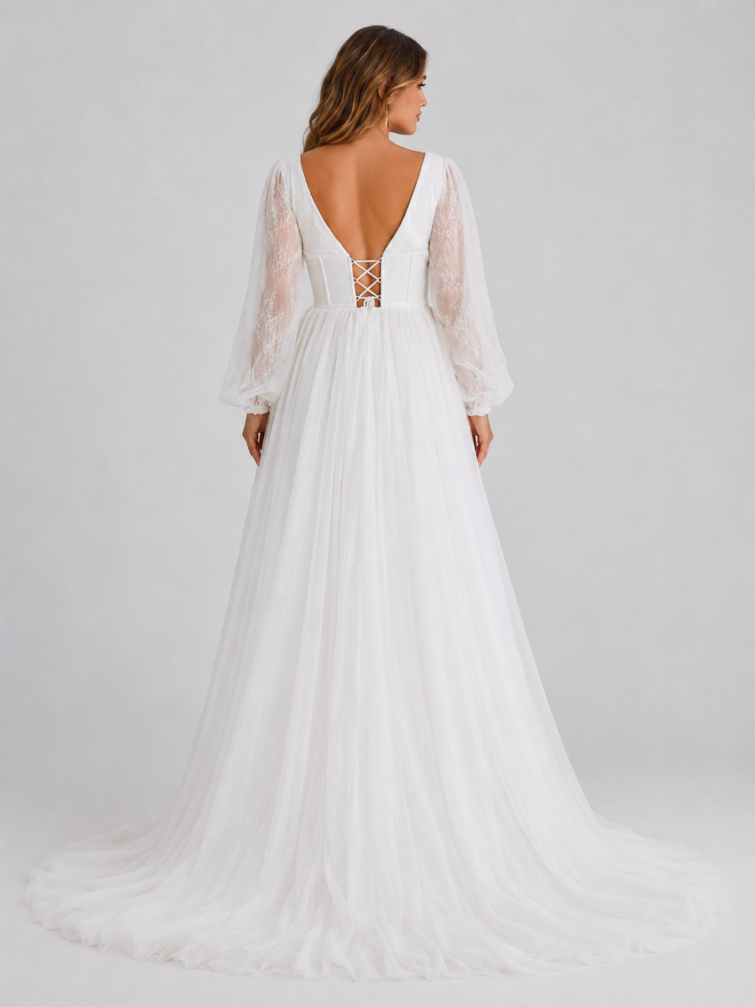 Elegant V-Neck Corset Tulle A-Line Wedding Dress with Long Bishop Sleeves and Chapel Train
