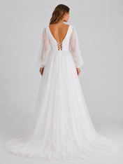 Elegant V-Neck Corset Tulle A-Line Wedding Dress with Long Bishop Sleeves and Chapel Train