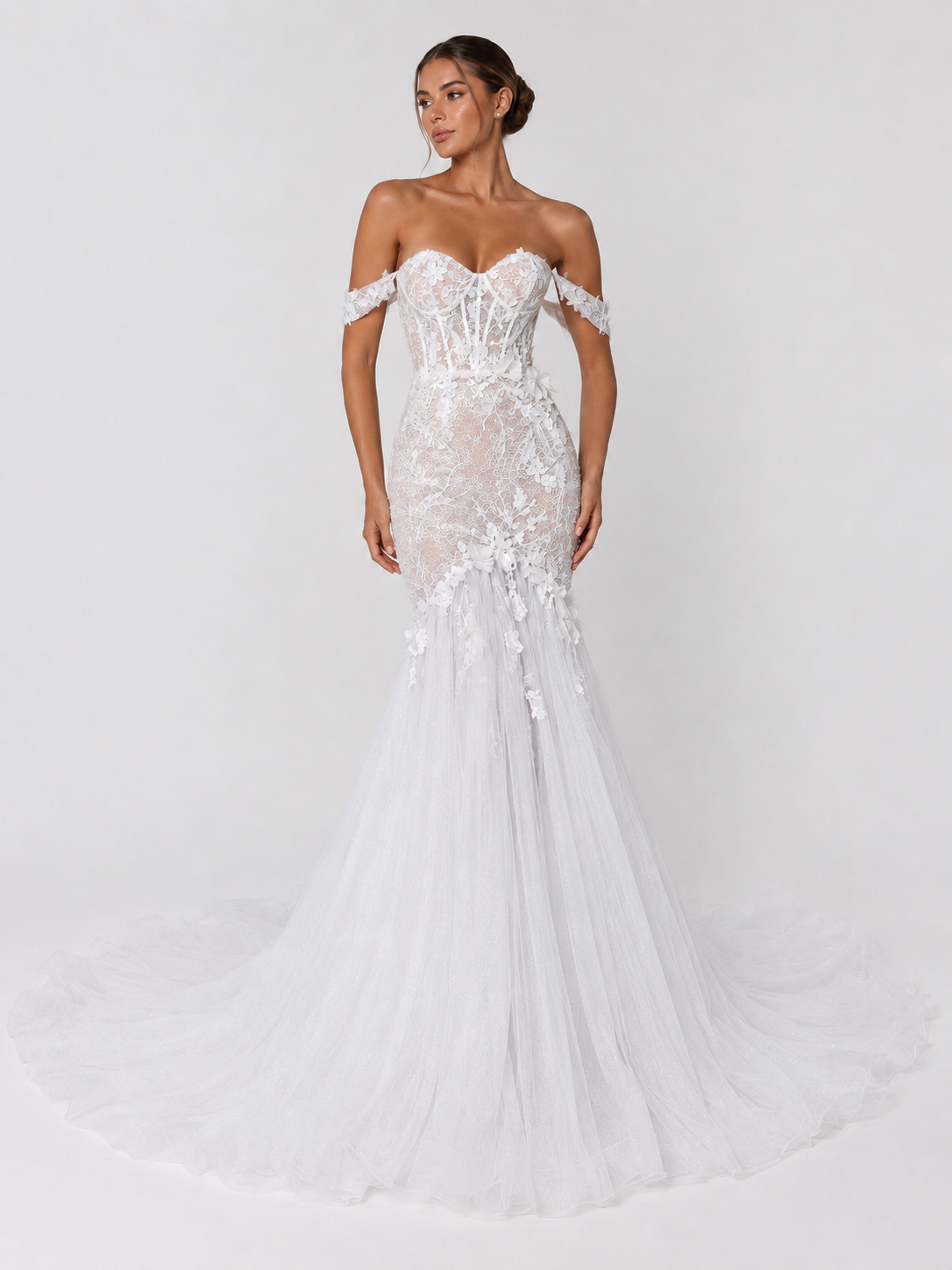 Elegant Off-the-Shoulder Lace Applique Mermaid Wedding Dress with Chapel Train