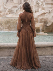 Ethereal Mocha Brown High-Neck Chiffon Evening Dress with Cutout and Bishop Sleeves