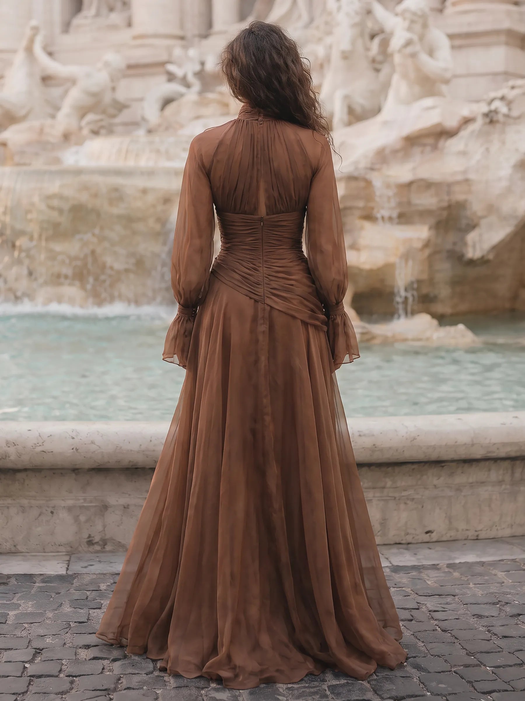Ethereal Mocha Brown High-Neck Chiffon Evening Dress with Cutout and Bishop Sleeves