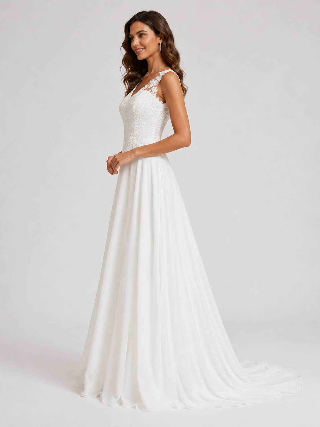 Elegant Lace Applique V-Neck Chiffon A-Line Wedding Dress with Chapel Train