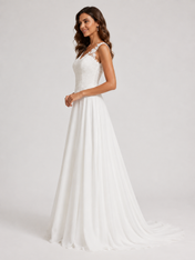 Elegant Lace Applique V-Neck Chiffon A-Line Wedding Dress with Chapel Train