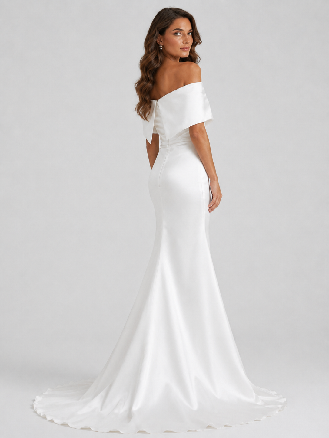 Elegant Off-the-Shoulder Draped Satin Sheath Wedding Dress with Detachable Overskirt and Chapel Train