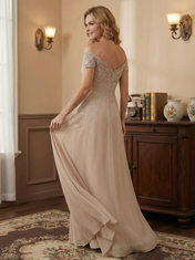 Elegant Taupe Off The Shoulder Sheath Mother of the Bride Dress with Lace
