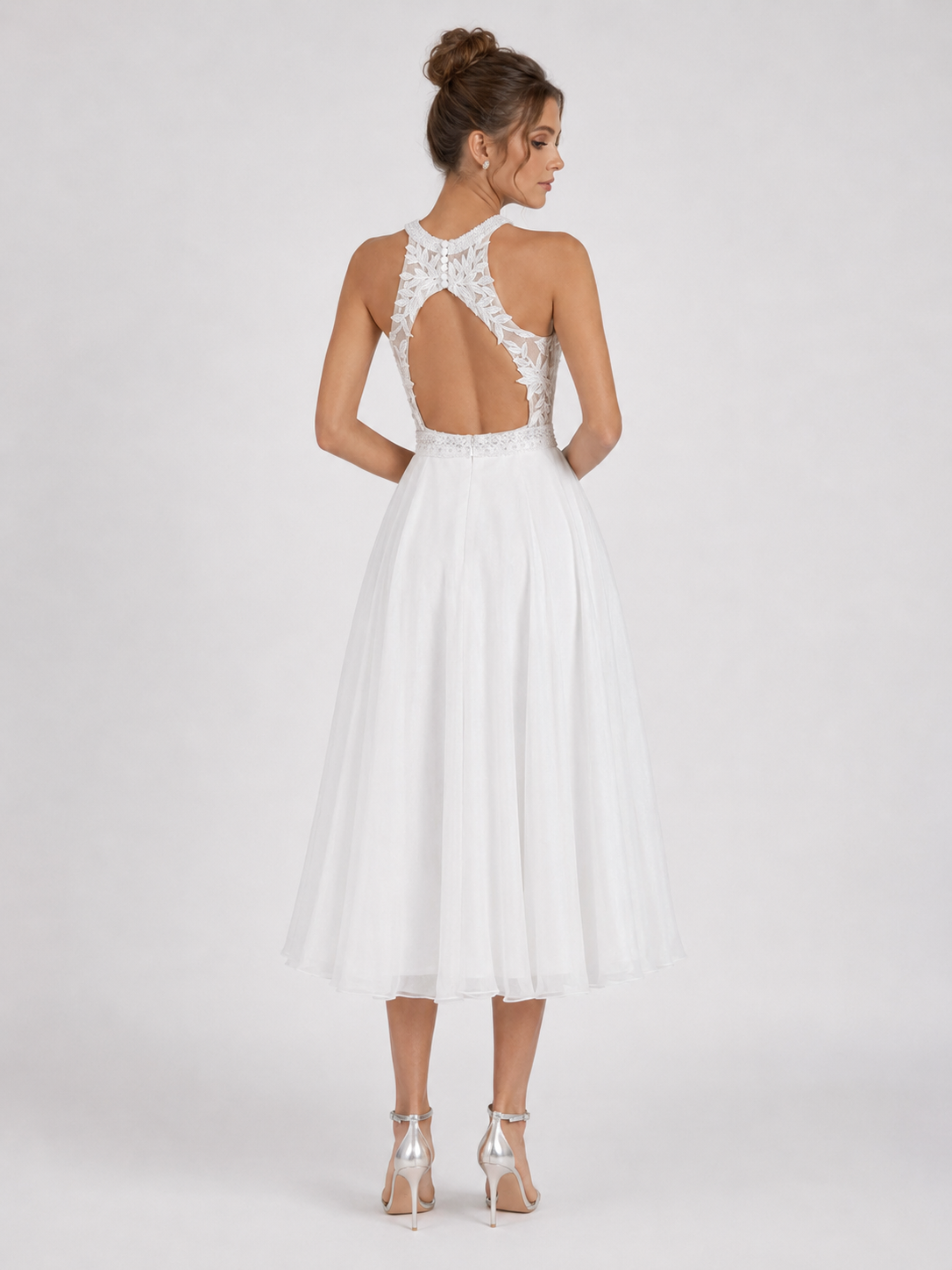 Elegant Halter Neck Lace Applique Midi Wedding Dress