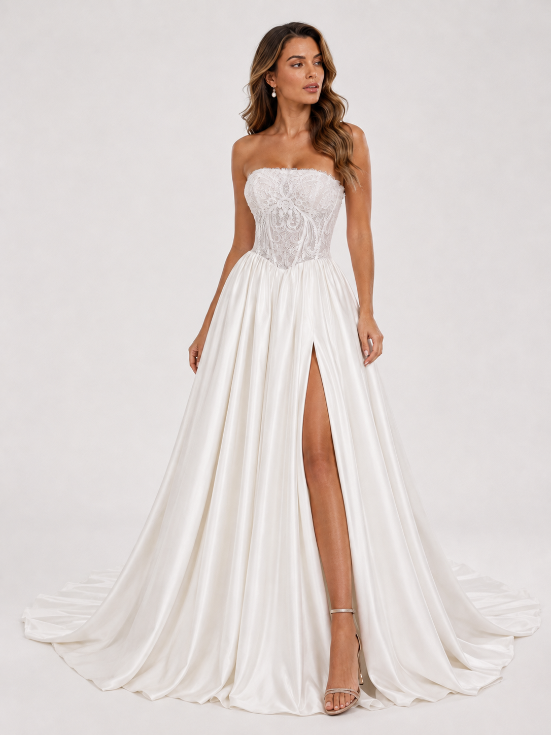 Elegant Strapless Lace Corset Satin A-Line Wedding Dress with High Slit and Chapel Train