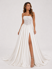 Elegant Strapless Lace Corset Satin A-Line Wedding Dress with High Slit and Chapel Train