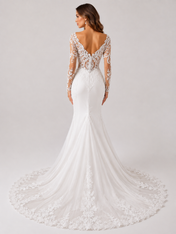 Elegant Long-Sleeve Illusion Lace Applique Satin Mermaid Wedding Dress with Chapel Train