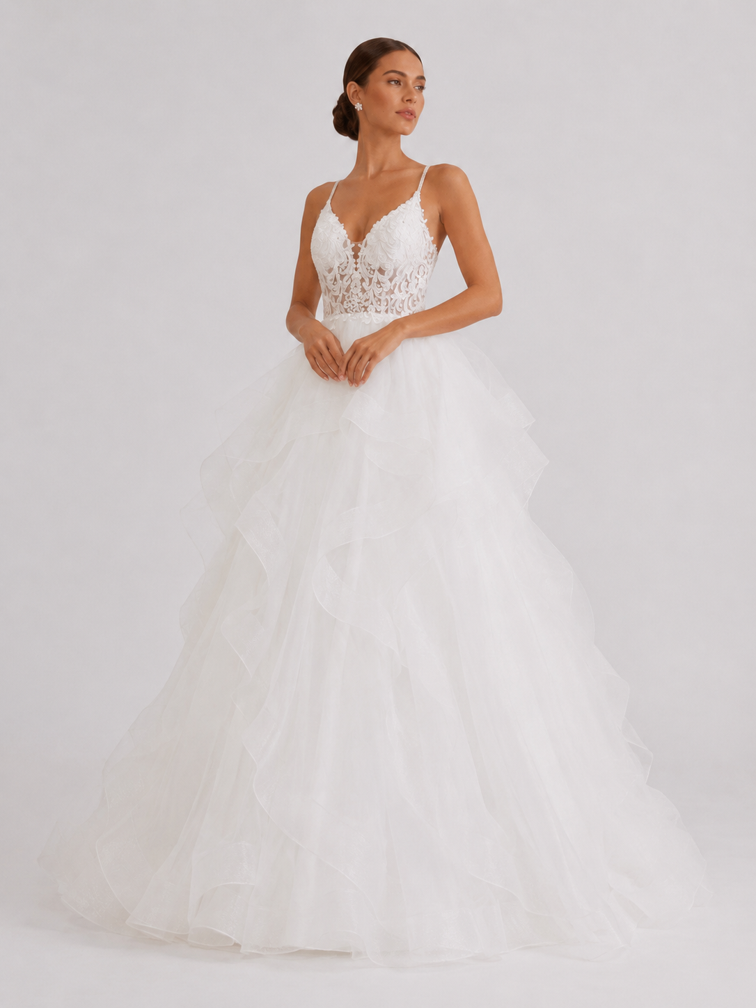 Elegant V-Neck Tiered Ruffle Tulle Ball Gown Wedding Dress with Crisscross Straps