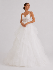 Elegant V-Neck Tiered Ruffle Tulle Ball Gown Wedding Dress with Crisscross Straps