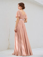 A Line Dusty Rose Chiffon V Neck Short Sleeves Floor Length Dress