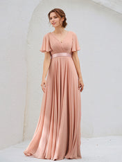 A Line Dusty Rose Chiffon V Neck Short Sleeves Floor Length Dress
