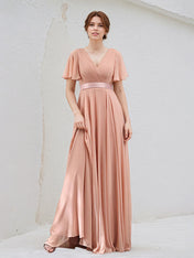 A Line Dusty Rose Chiffon V Neck Short Sleeves Floor Length Dress
