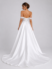 Elegant Off-the-Shoulder Lace Bodice Satin A-Line Wedding Dress with Chapel Train