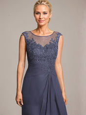 A-line Scoop Illusion Asymmetrical Chiffon Lace Mother of the Bride Dress With Pleated Beading