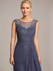 A-line Scoop Illusion Asymmetrical Chiffon Lace Mother of the Bride Dress With Pleated Beading