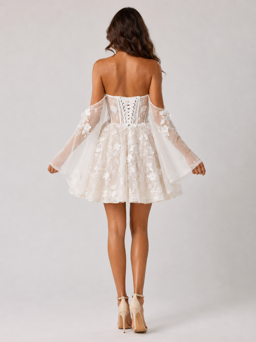 Elegant Off-the-Shoulder Floral Applique Short A-Line Wedding Dress with Bell Sleeves