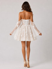 Elegant Off-the-Shoulder Floral Applique Short A-Line Wedding Dress with Bell Sleeves