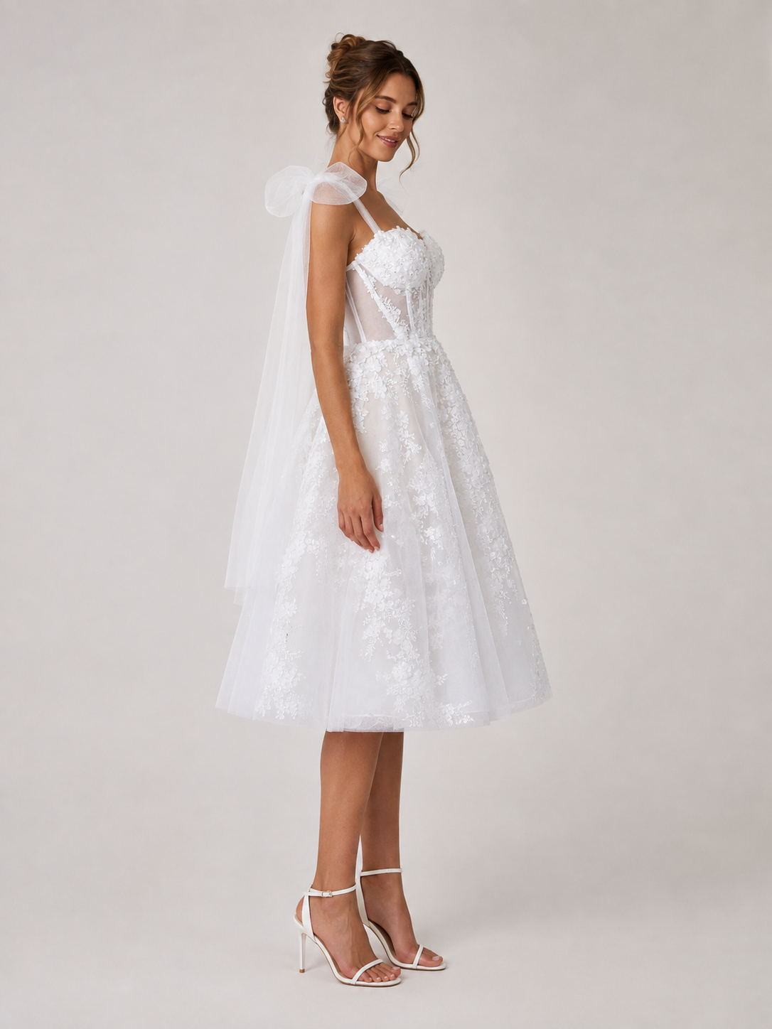 Elegant Sweetheart Lace Applique A-Line Midi Wedding Dress with Detachable Bow Straps