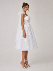 Elegant Sweetheart Lace Applique A-Line Midi Wedding Dress with Detachable Bow Straps