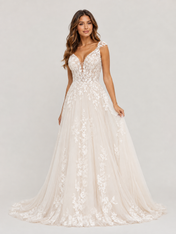Charming Floral Lace Applique Tulle A-Line Wedding Dress with Sweep Train