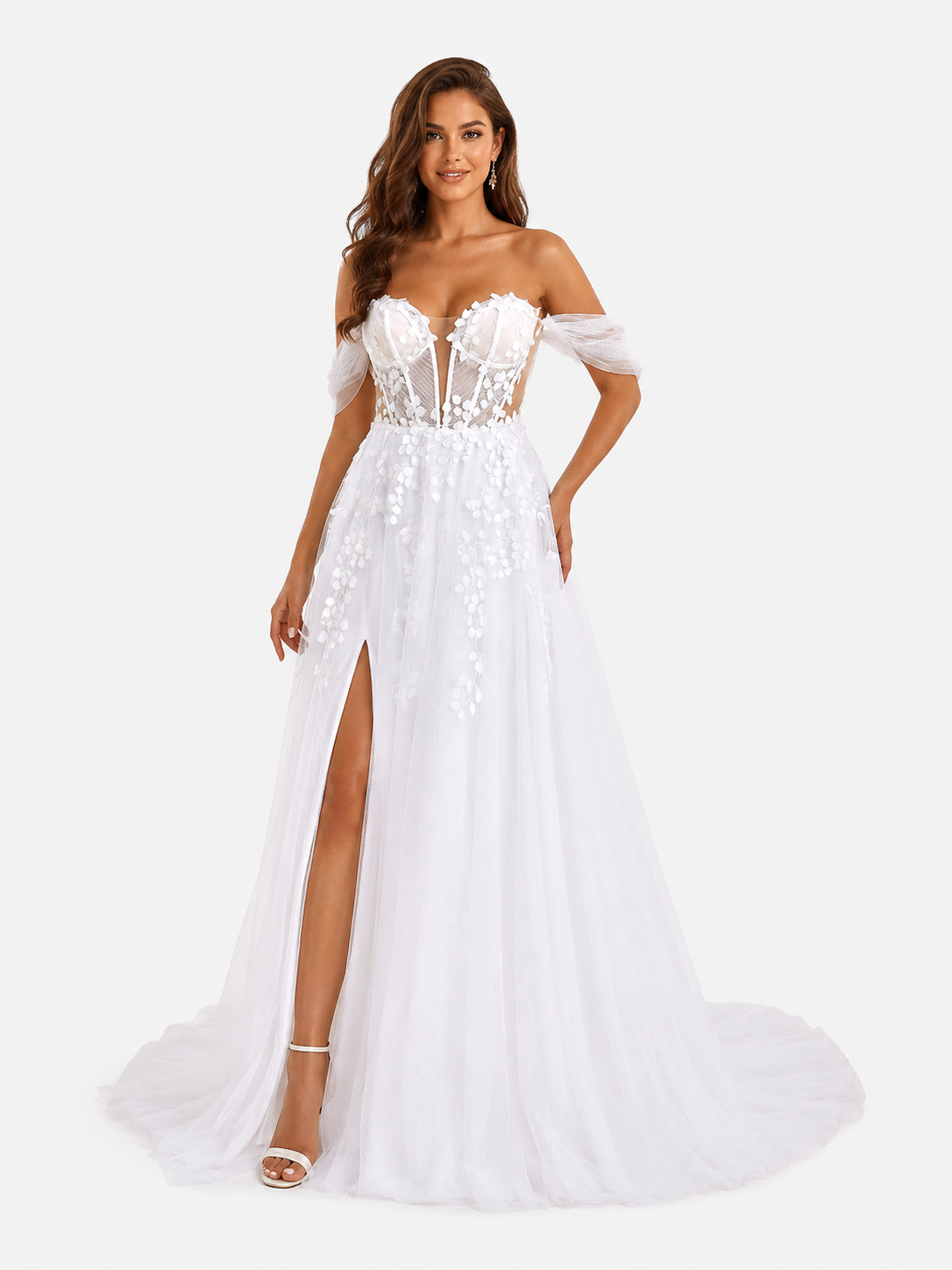 Elegant Off-the-Shoulder 3D Floral Appliquéd Tulle A-Line Wedding Dress with High Slit and Chapel Train