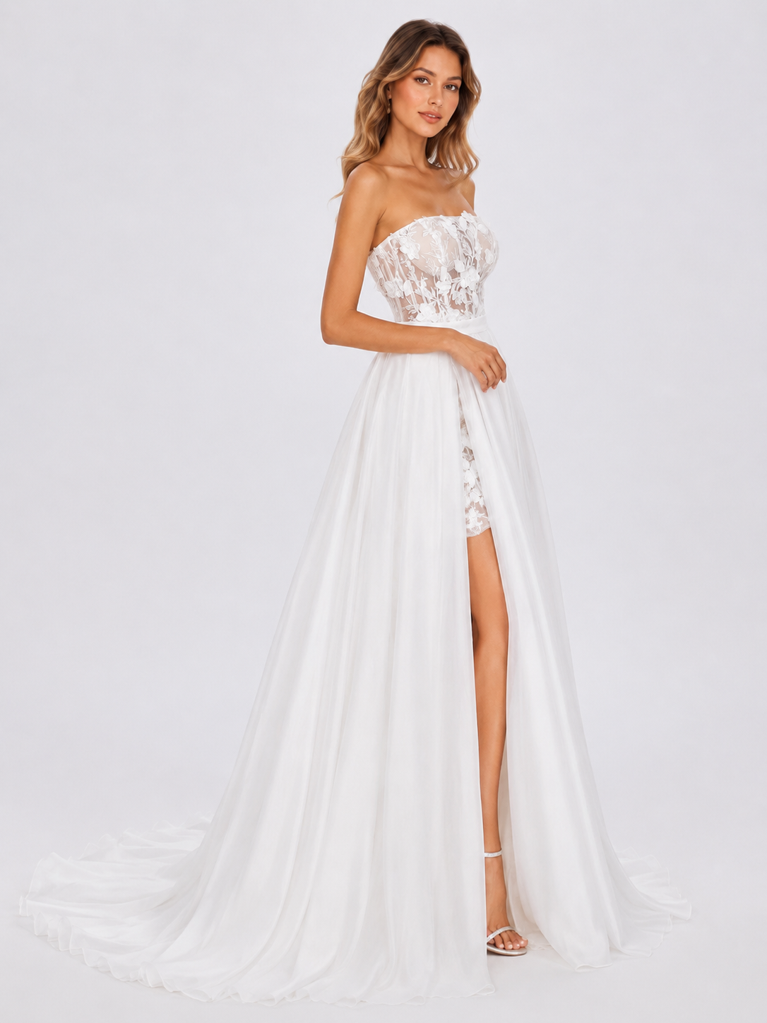 Elegant Strapless Floral Lace Corset A-Line Wedding Dress with High Slit and Chapel Train