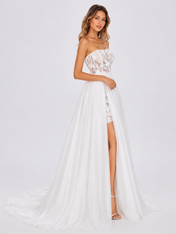 Elegant Strapless Floral Lace Corset A-Line Wedding Dress with High Slit and Chapel Train