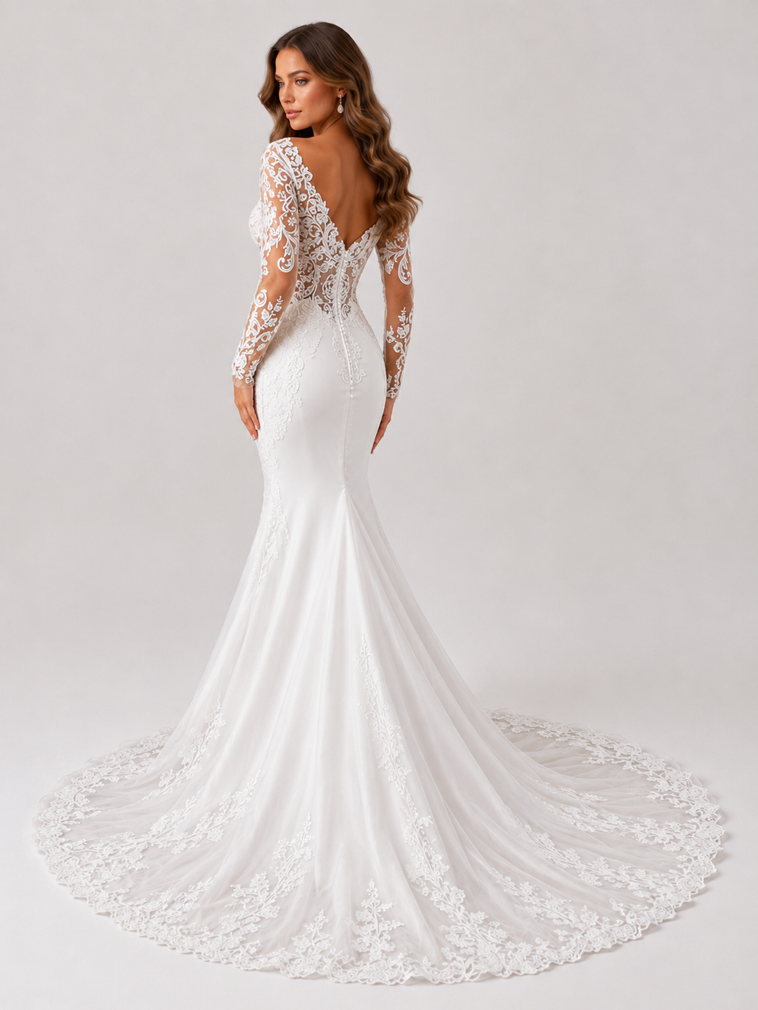 Elegant Long-Sleeve Illusion Lace Applique Satin Mermaid Wedding Dress with Chapel Train