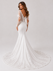Elegant Long-Sleeve Illusion Lace Applique Satin Mermaid Wedding Dress with Chapel Train