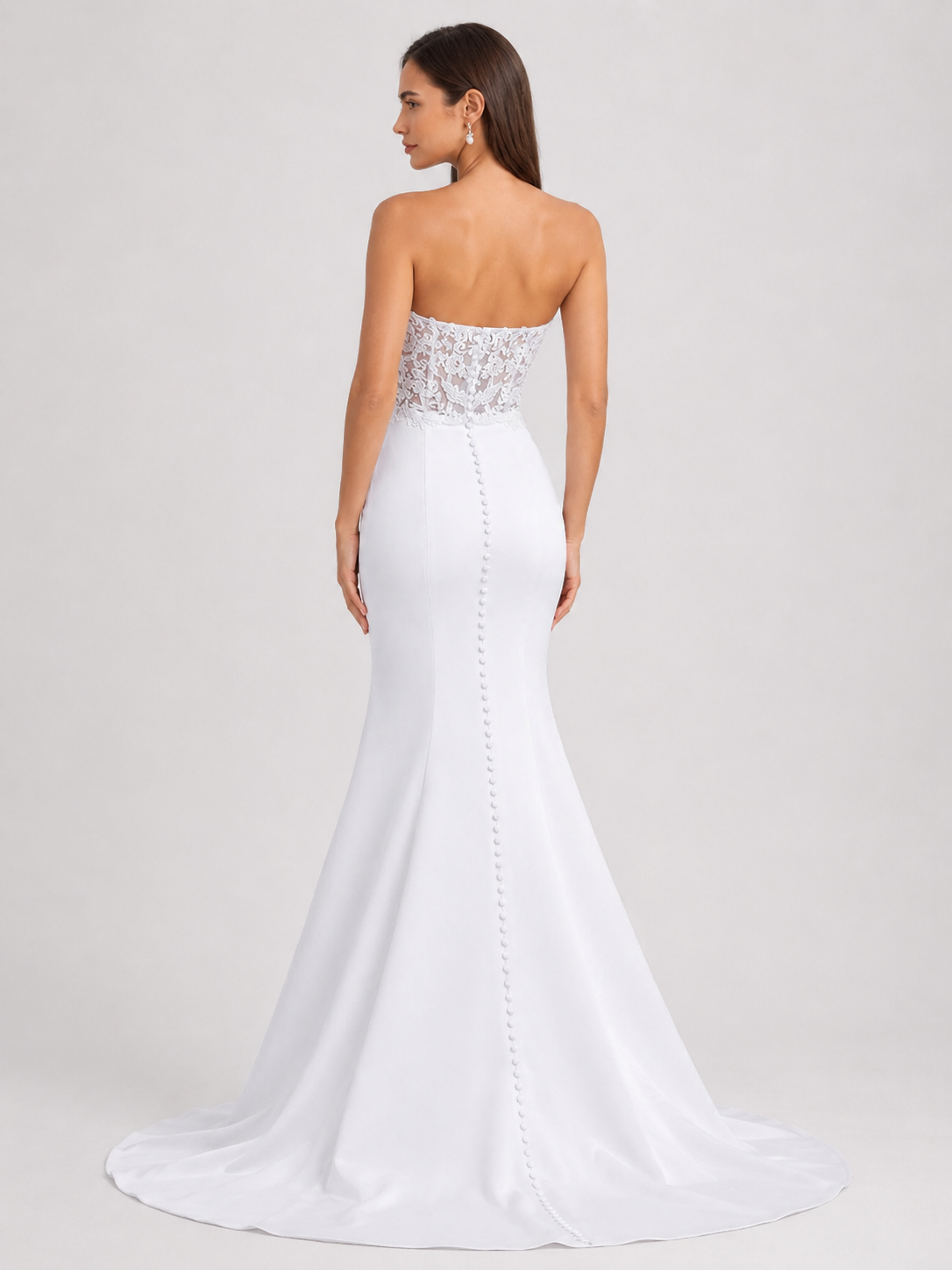 Elegant Strapless Lace Bodice Satin Mermaid Wedding Dress with Chapel Train