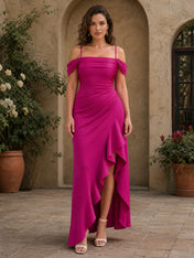 Off-the-Shoulder Ruffled High-Low Column Gown Bridesmaid Dress