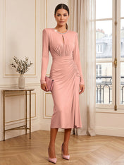Dusty Rose Long Sleeve Ruched Midi Dress Formal Evening Gown