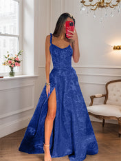 Hot Pink A Line Floral Long Prom Dress with High Slit