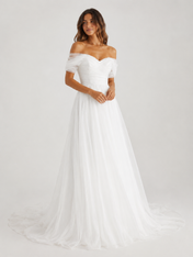 Elegant Off-the-Shoulder Ruched Tulle A-Line Wedding Dress with Chapel Train