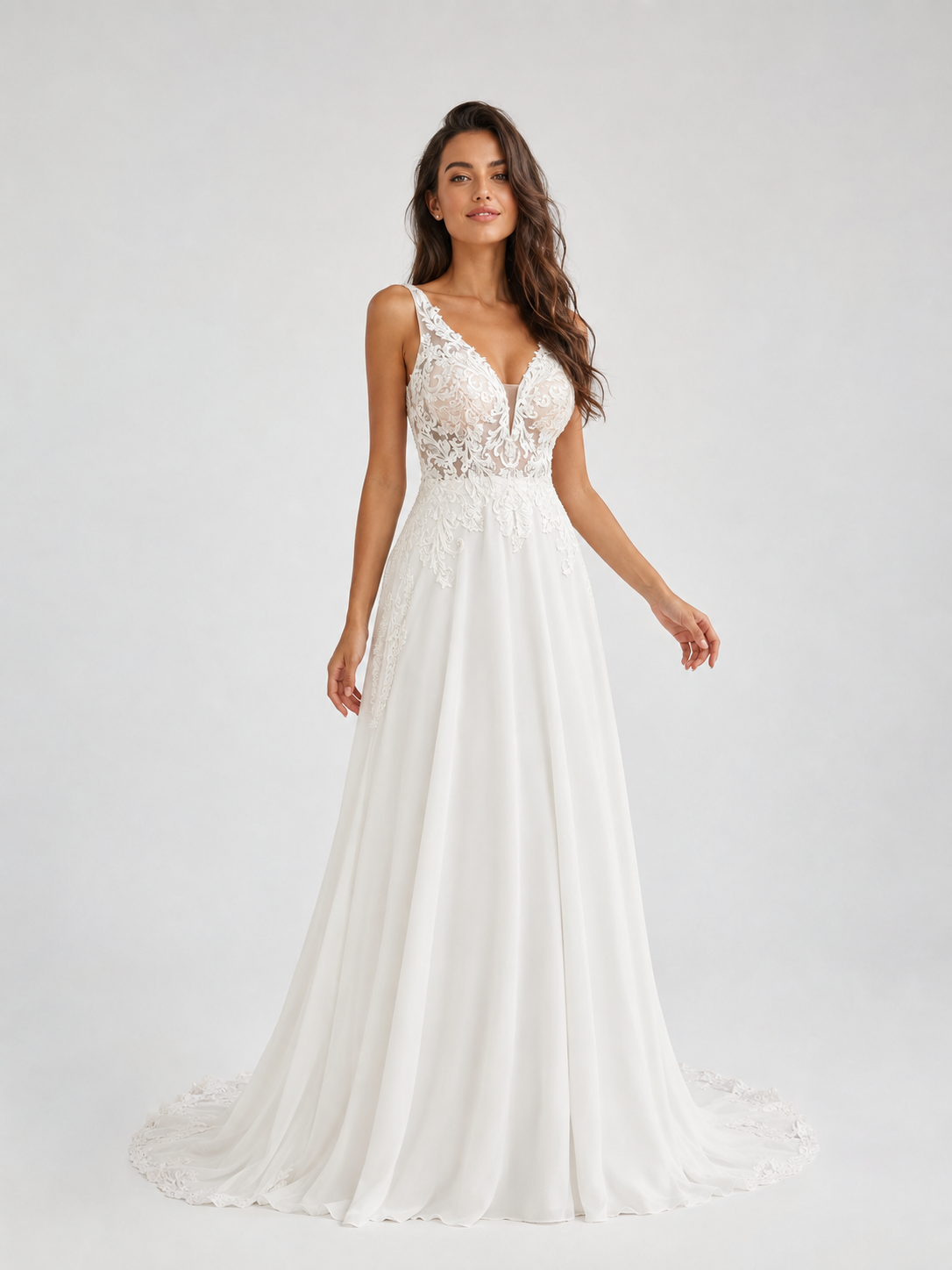 Elegant Deep V-Neck Lace Applique Chiffon A-Line Wedding Dress with Chapel Train