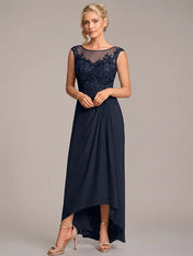 A-line Scoop Illusion Asymmetrical Chiffon Lace Mother of the Bride Dress With Pleated Beading
