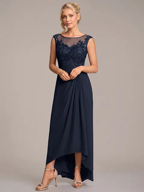 A-line Scoop Illusion Asymmetrical Chiffon Lace Mother of the Bride Dress With Pleated Beading