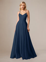 Navy A Line Satin Spaghetti Straps Sleeveless Floor Length Dresses