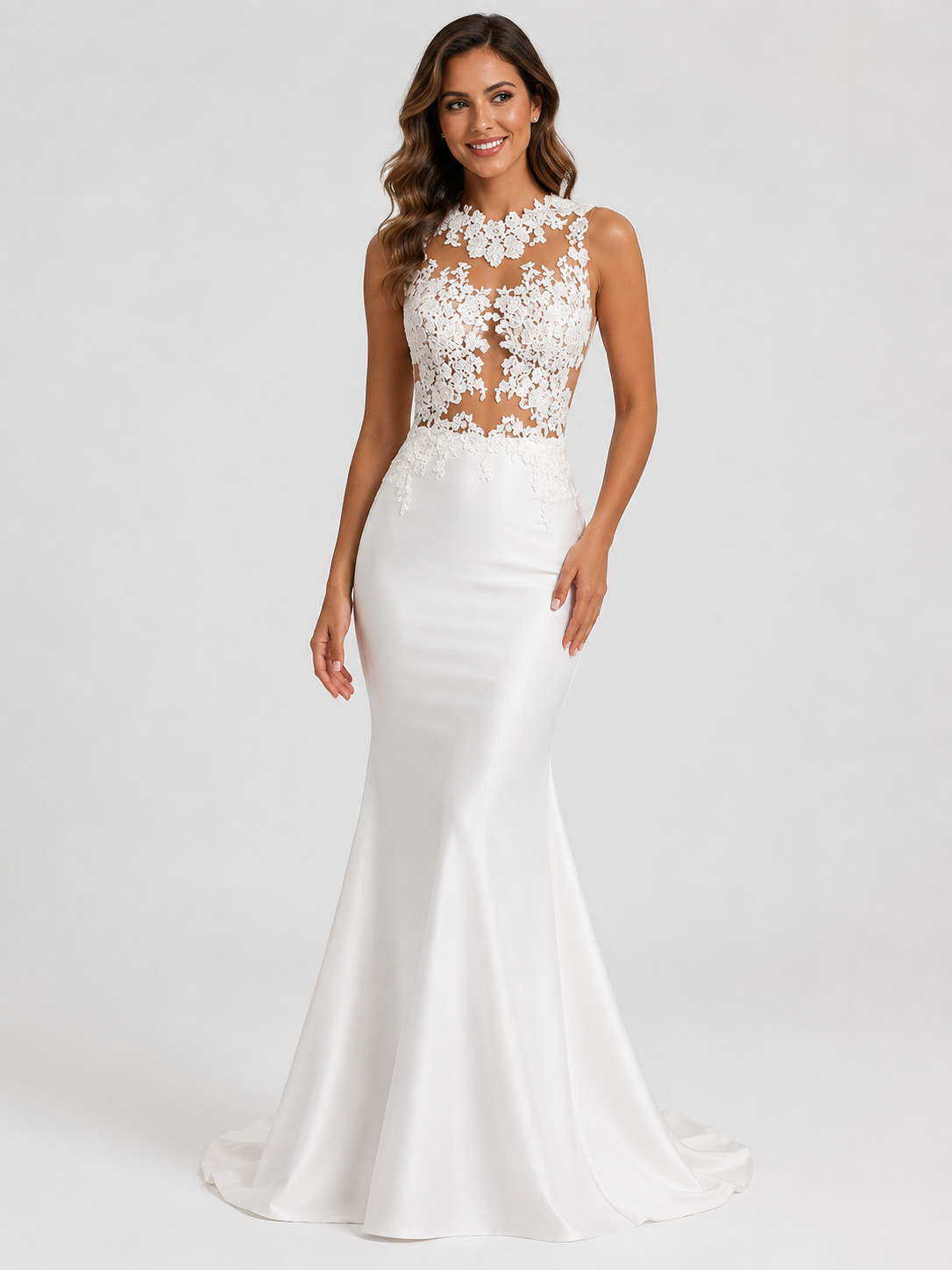 Elegant High-Neck Illusion Lace Crepe Mermaid Wedding Dress with Sweep Train